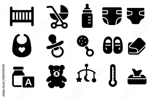Set of baby icons featuring crib, stroller, bottle, diapers, and toys