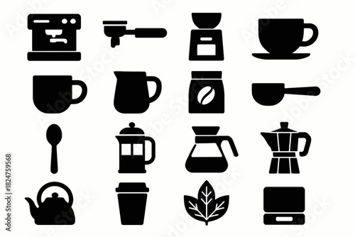 Coffee equipment icons: french press, espresso, moka pot, cups, grinder