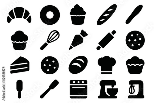 Black silhouette baking icons set featuring pastry, utensils, and kitchen equipment