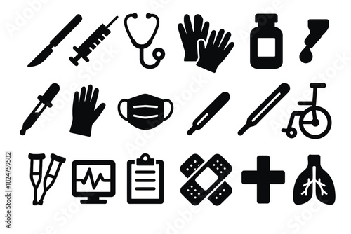 Medical equipment icons: stethoscope, syringe, thermometer, wheelchair, bandage