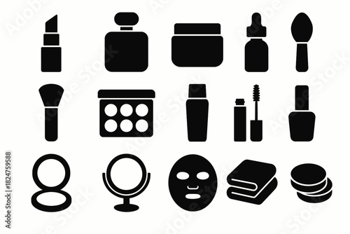Black silhouettes of makeup and skincare icons set