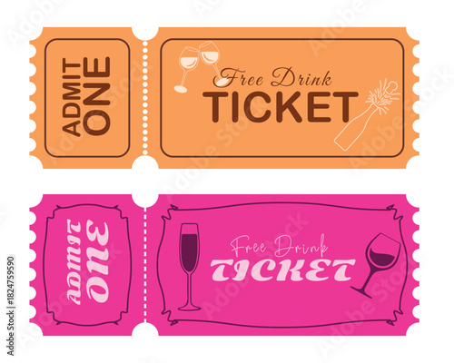 Clean isolated admit ticket paper entry pass printable event token vector template set