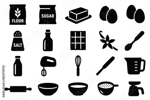 Baking ingredients and tools icons: flour, sugar, eggs, mixer, whisk, bowl