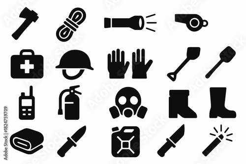 Essential survival icons: tools, equipment, and gear for emergency preparedness