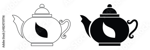 Teapot icon set, silhouette and outline vector art on white background. Traditional tea kettle icons, hot drink design, cooking pot concept. Vector illustration.
