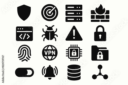 Cybersecurity icons collection: vpn, firewall, virus, lock, alert, database, shield