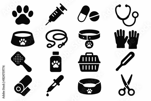 Essential pet care icons: supplies, health, accessories, and tools