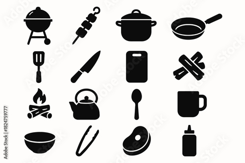 Set of kitchen and cooking utensil icons: grill, pot, pan, knife, spoon