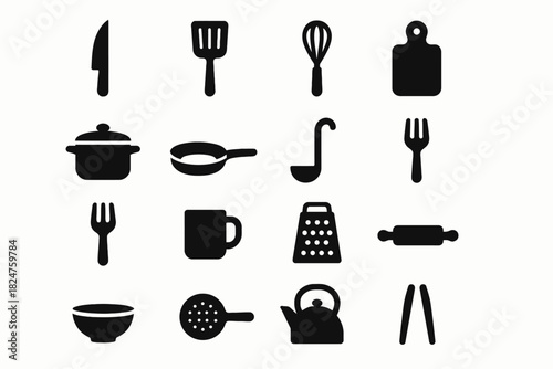 Set of black kitchen utensil icons including knife, whisk, and pot