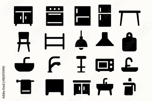 Kitchen appliance and furniture icons: cabinets, stove, fridge, sink, faucet