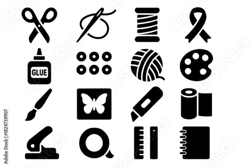 Craft tools: scissors, needle, thread, yarn, glue, and palette icons