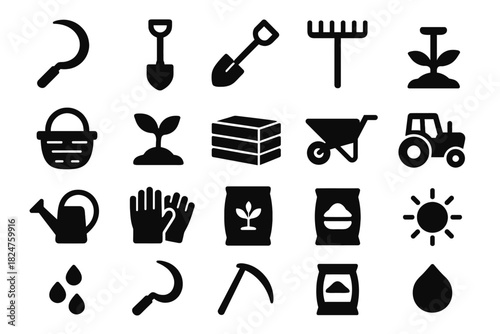 Gardening tools and icons with tractor and plant silhouettes