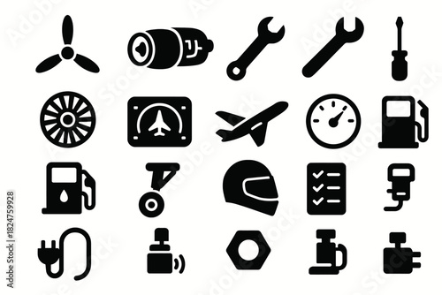 Aviation icon set featuring aircraft parts and pilot gear