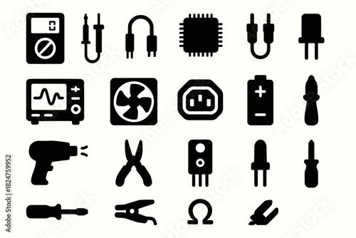 Electronics tools and components icons: battery, fan, plug, microchip, screwdriver, pliers