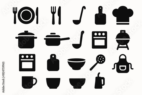 Kitchen icon set: utensils, appliances, and cooking essentials in black silhouette