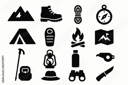 Essential camping and hiking gear icons: tent, compass, fire, backpack, knife