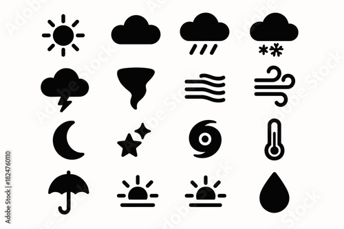 Weather icons set: sun, cloud, rain, snow, wind, thunderstorm, tornado, temperature, umbrella, night