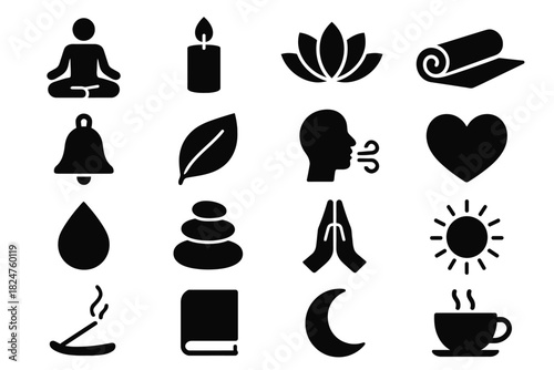 Yoga and meditation icons: candle, lotus, mat, bell, leaf, breath, heart, water, stones, prayer, sun, incense, book, moon, coffee