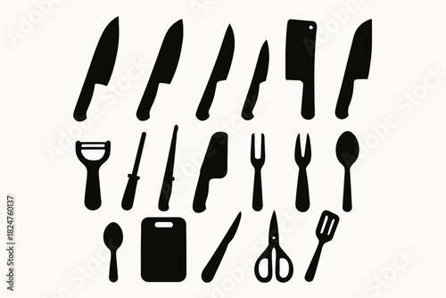 Silhouette collection of kitchen utensils and knives on white background