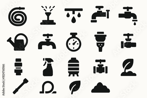 Garden irrigation icons set: sprinkler, hose, valve, watering can, timer, nozzle, leaf