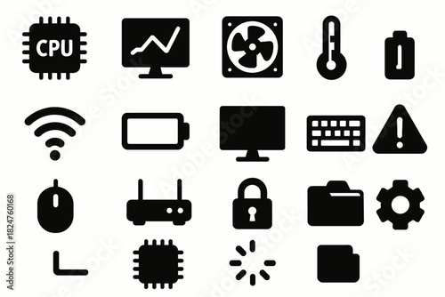 Technology icons set: cpu, monitor, fan, thermometer, battery, wifi, lock, and more