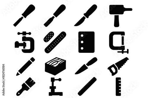 Silhouettes of various tools including hammer, saw, knife, and brush