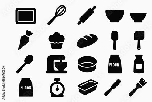 Set of black baking icons including utensils and ingredients