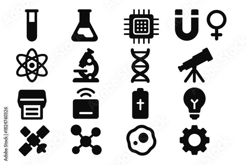Science and technology icons set featuring microscope, magnet, and dna symbols
