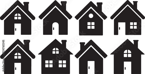 Eight black house icons with different architectural features and windows home building