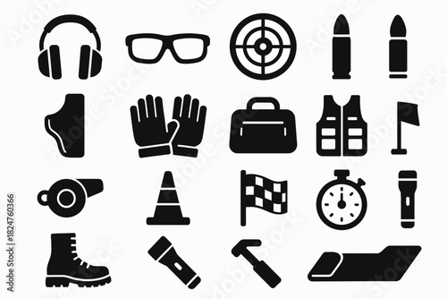 Set of black silhouette icons for outdoor and survival activities