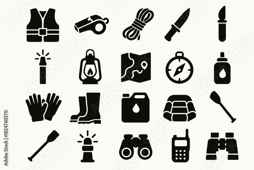 Essential outdoor adventure gear icons: safety vest, whistle, rope, knife, compass, lantern, map