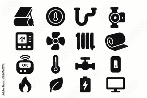 Set of heating and energy icons: thermometer, valve, fan, radiator, insulation, battery, monitor, flame, leaf
