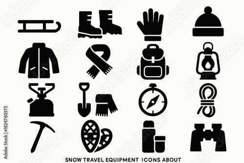 Winter travel equipment icons: sled, boots, jacket, scarf, backpack, lantern, compass, rope