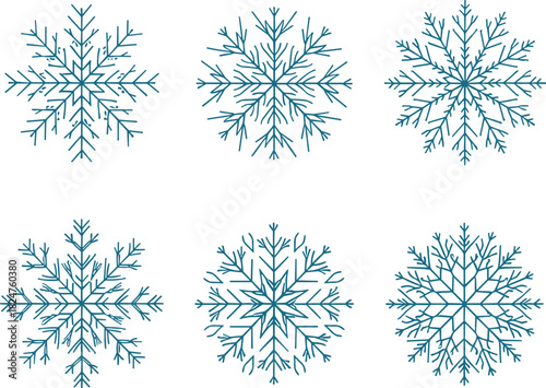 Set of six blue stylized snowflakes, decorative Christmas winter elements with unique geometric shapes, cold frost snow pattern, holiday season flat vector illustration design.