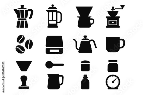 Coffee brewing icons: moka pot, french press, dripper, grinder, mug