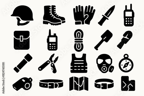 Military gear icons: helmet, boots, knife, radio, gas mask, compass