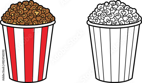 Popcorn bucket flat vector illustration, one colored with caramel corn and one black and white outline drawing, movie theater snack design, isolated cinema food.