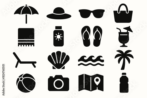 Beach essentials icons: umbrella, hat, sunglasses, bag, shell, waves, palm tree
