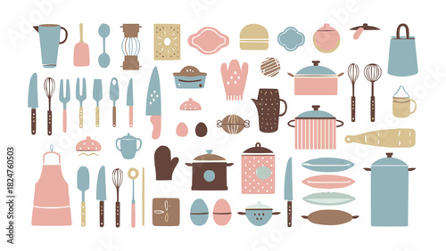 Stylish pastel kitchen utensil illustration featuring pots knives whisks and cooking accessories in modern flat design