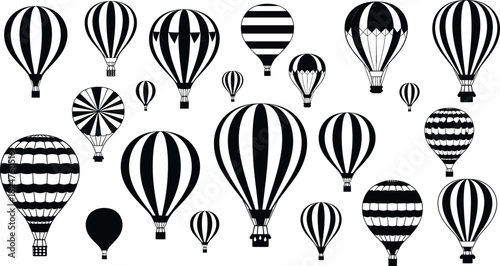 Collection of Various Black and White Airship Icons, Travel and Adventure Graphics, Isolated CAD Drawing Flat Vector Illustration, Vintage Aviation Transportation