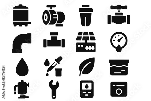 Collection of industrial equipment and utility icons in black silhouette