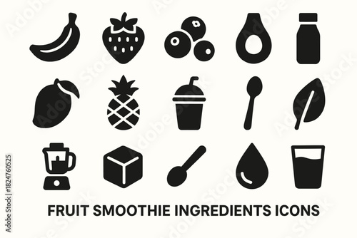 Fruit smoothie ingredients icons: banana, strawberry, blender, glass, mango, pineapple