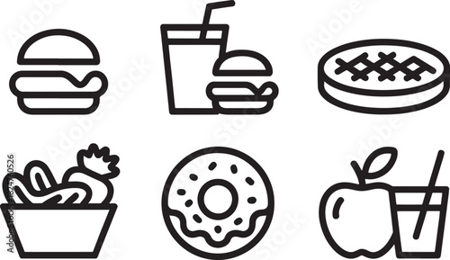 Fast Food and Drink Icons Set with Burgers Fries Pie and Donut Keywords: fast, food, drink, icon, set