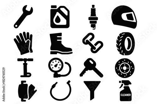 Automotive tools and equipment icons: helmet, wrench, tire, motor oil