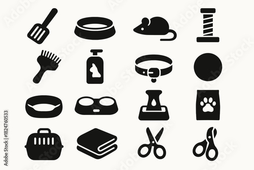 Collection of pet care icons featuring toys, grooming tools, and feeding accessories