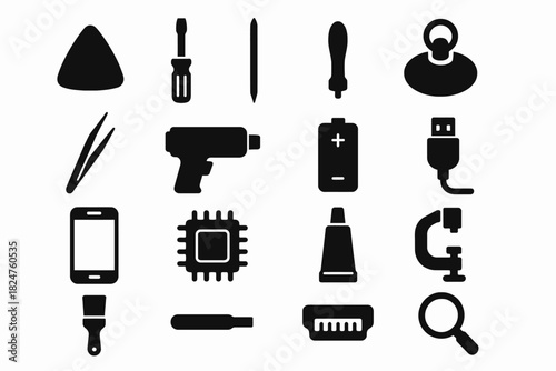Silhouette collection of various repair and tech tools on white background