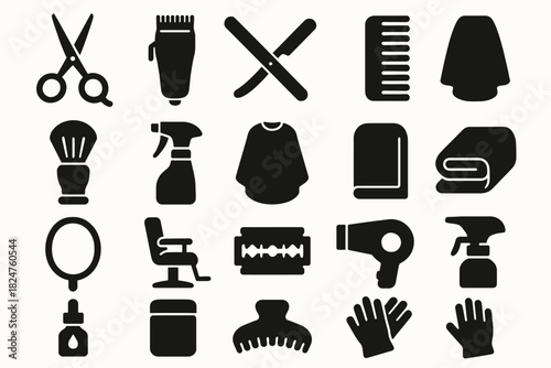 Barber tool icons set: scissors, clippers, razors, comb, spray bottle, towel, shaving brush