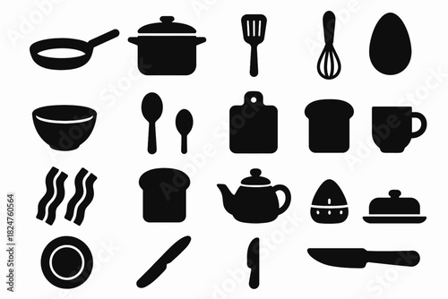 Set of black kitchen utensil icons including cookware and tableware