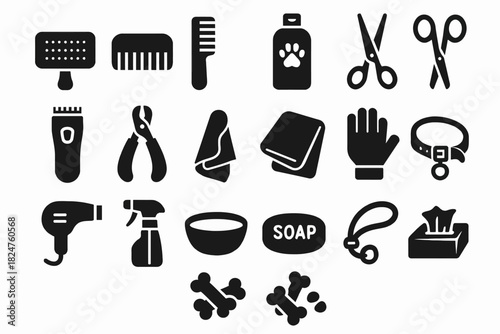 Pet grooming tools and accessories icons set