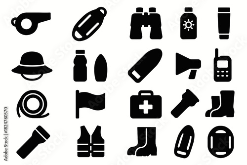 Outdoor adventure gear icons: whistle, binoculars, flashlight, boots, hat, first aid